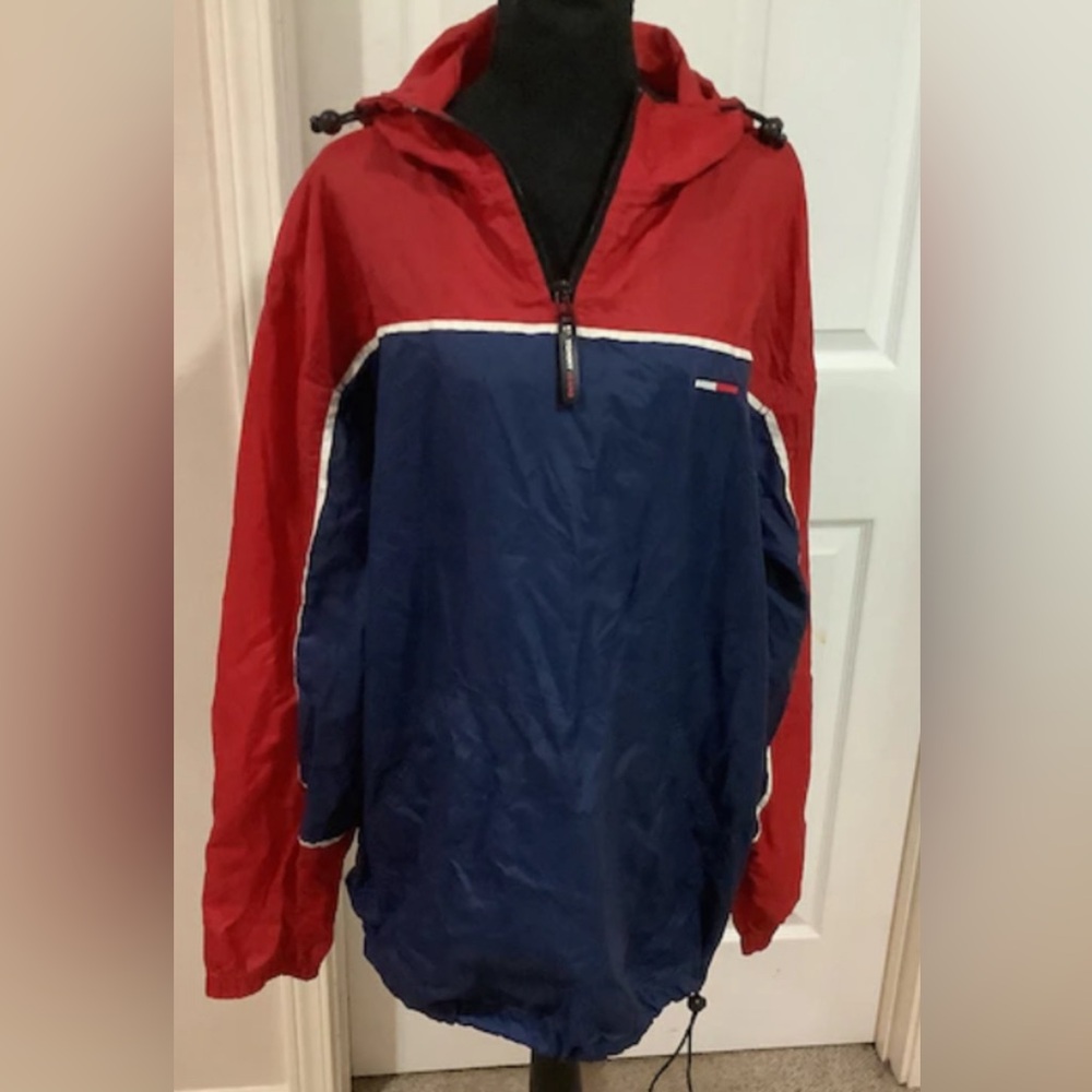 Tommy Jeans Vintage 90s Navy blue red white hooded Windbreaker Size L
